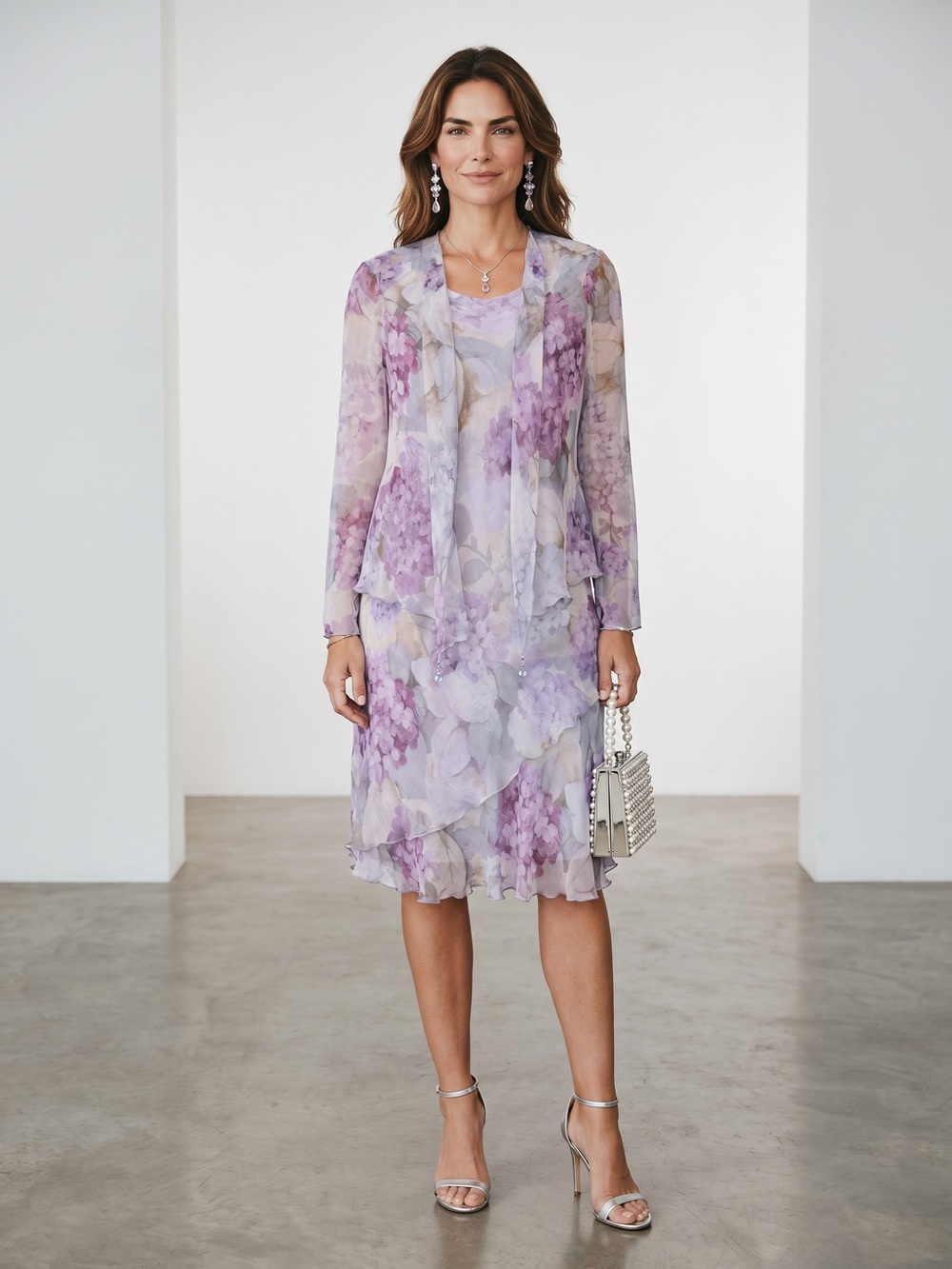 Vtg Ursula of Switzerland 2-Piece Watercolor Hydrangea Midi Dress - Picture 4 of 15